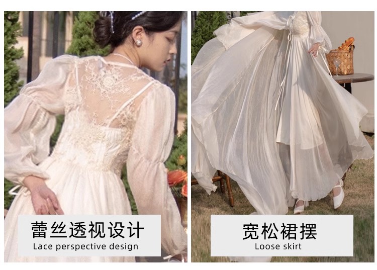 实拍视频现货超仙复古蕾丝开衫仙女礼裙睡裙晨袍送吊带两件套拖尾