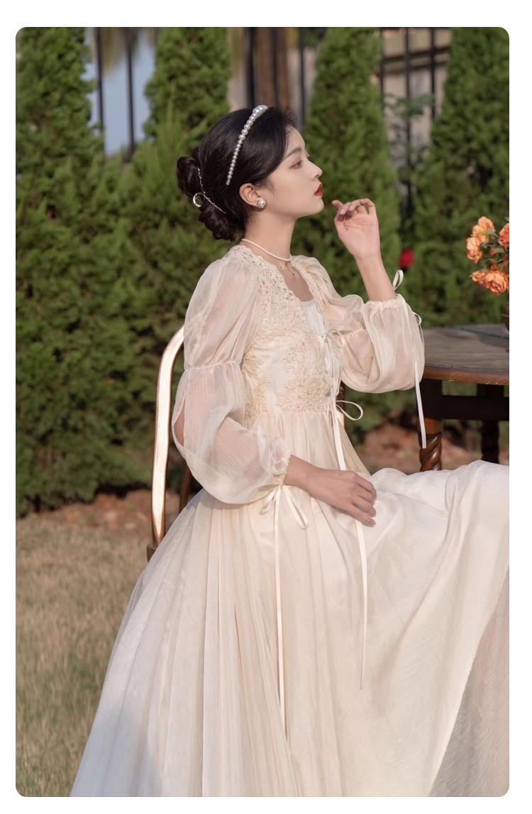 实拍视频现货超仙复古蕾丝开衫仙女礼裙睡裙晨袍送吊带两件套拖尾