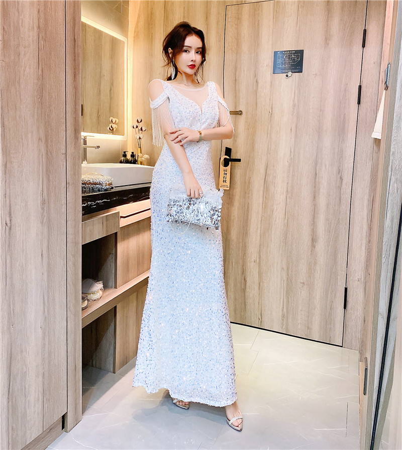高端晚礼服新款宴会高贵气质名媛流苏鱼尾主持人亮片连衣裙