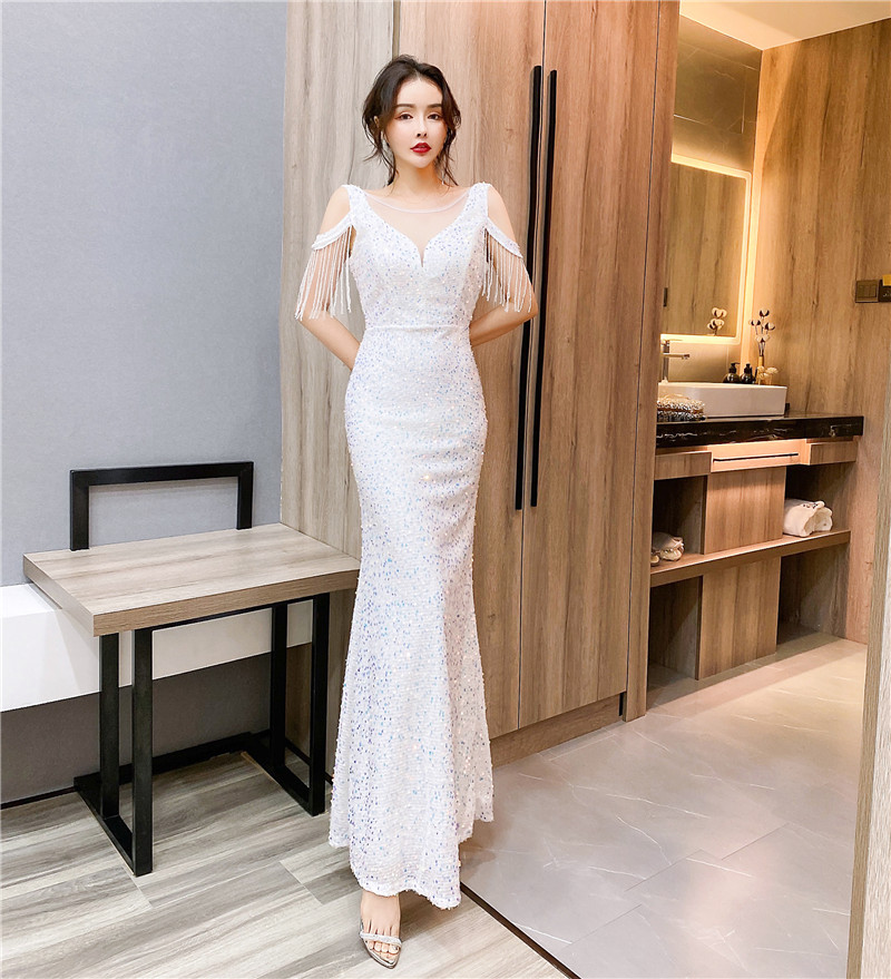 高端晚礼服新款宴会高贵气质名媛流苏鱼尾主持人亮片连衣裙