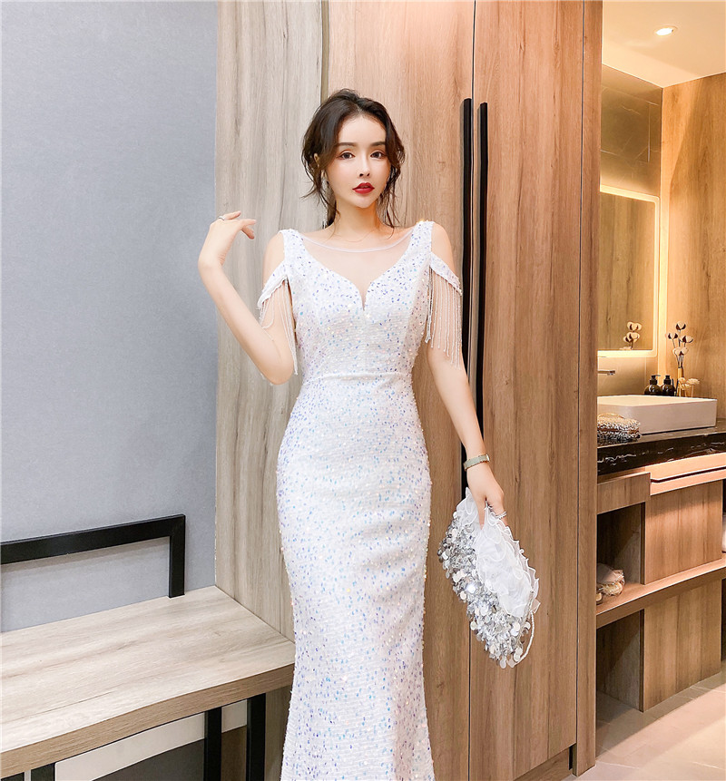 高端晚礼服新款宴会高贵气质名媛流苏鱼尾主持人亮片连衣裙